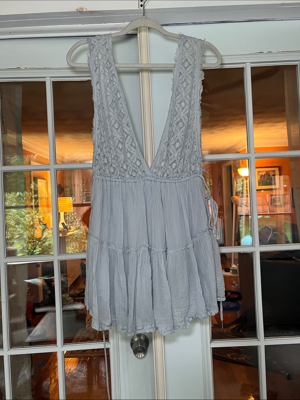 Free People Light Gray Crochet V-Neck Babydoll romper
